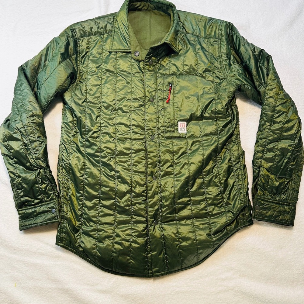 Topo Designs Reversible Puffer Shirt Jacket Mens Olive Green Quilted Ripstop M